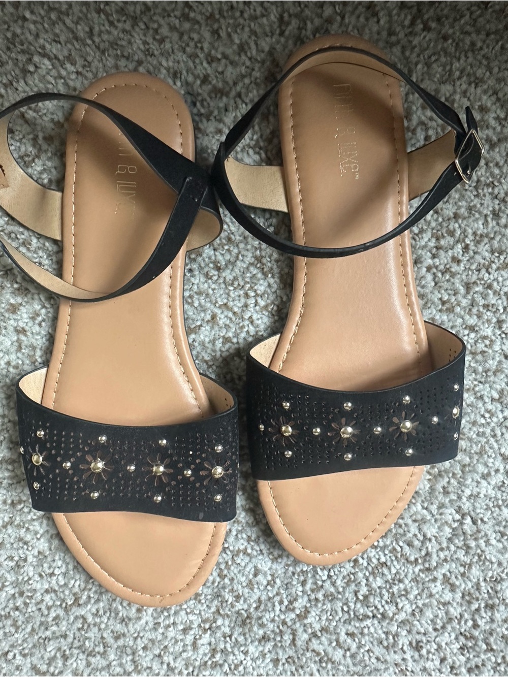 Black Studded Ankle-Strap Sandals with Gold Accents